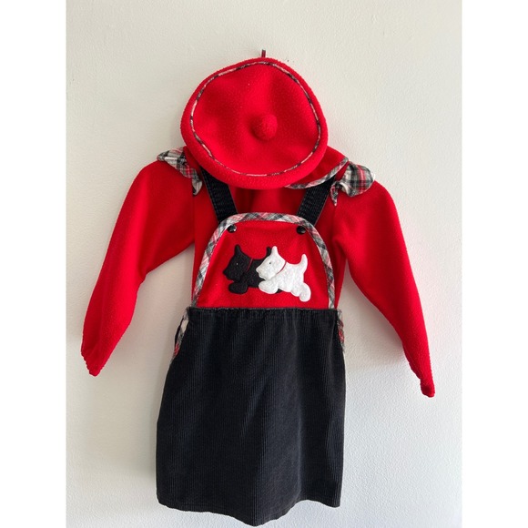 Pattycakes Other - Pattycakes Vintage Girls Red Fleece Top Black Cord Scottie Jumper Beret Set 6